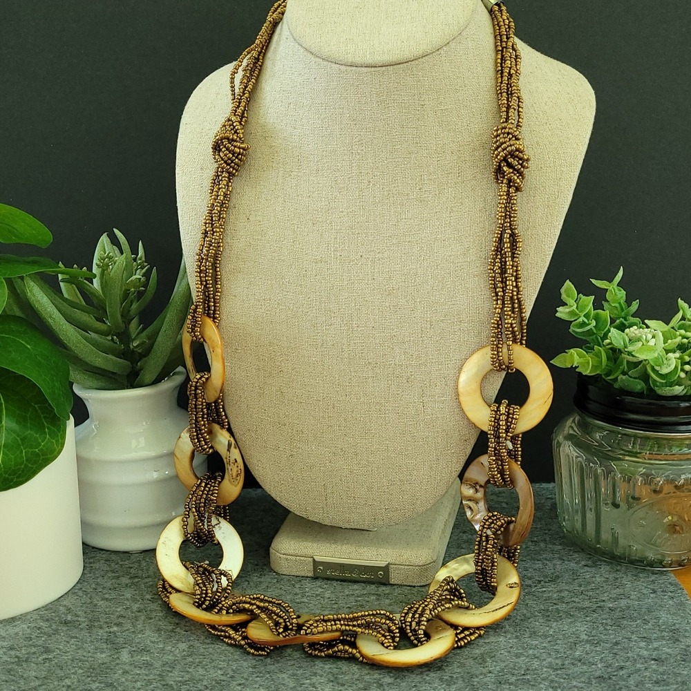 Sculptural Multi Strand Ivory Tone Ring Seed Bead Statement Necklace 32in